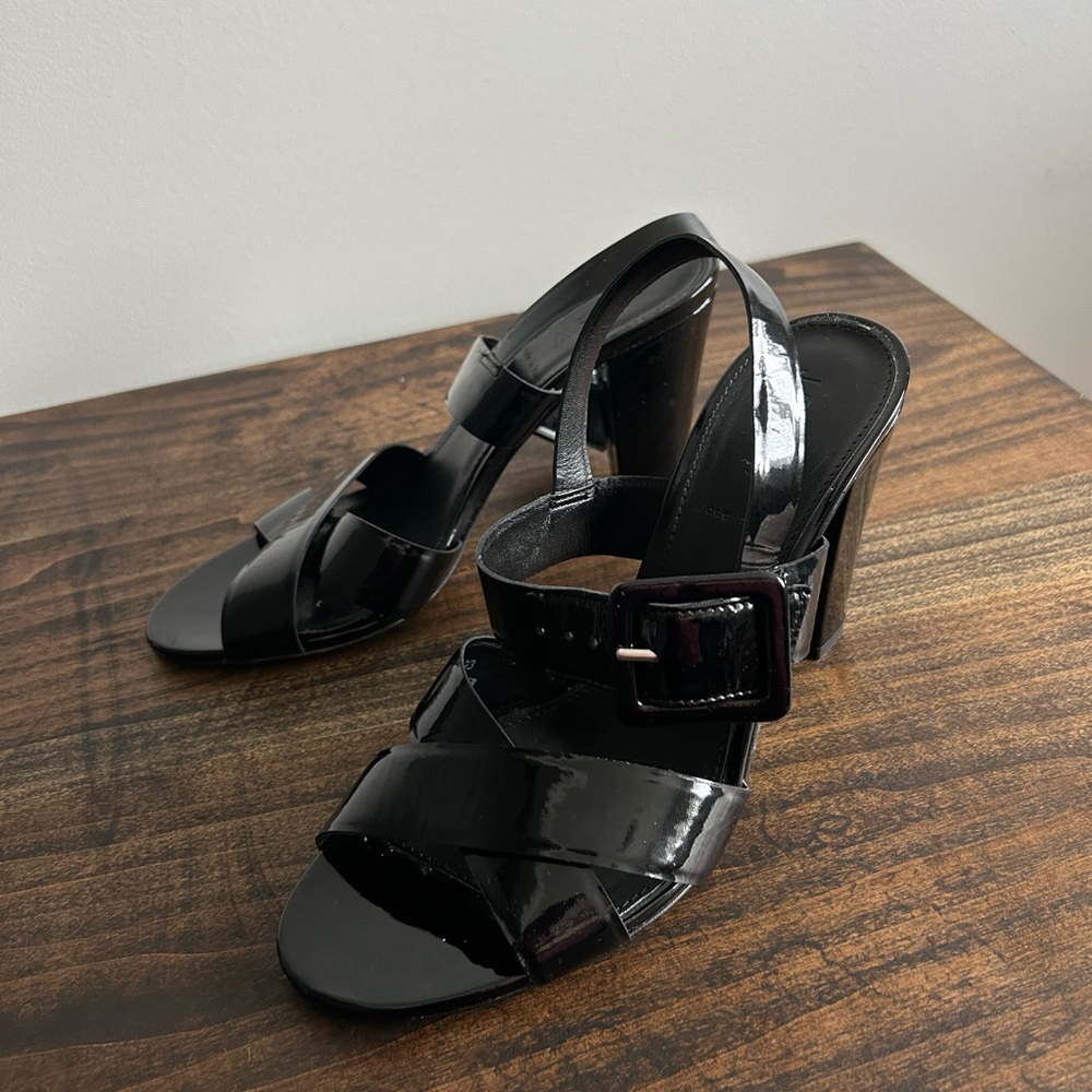 J. Crew Black Patent Leather Women's Heel Sandals, Size 7.